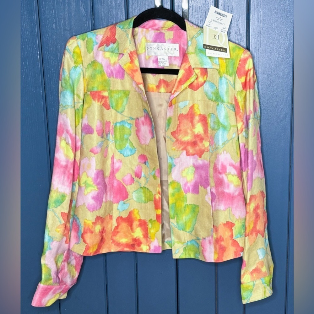Vintage Silk Linen Watercolor Floral Blazer Jacket Size 6 Art To Wear Boho NOS